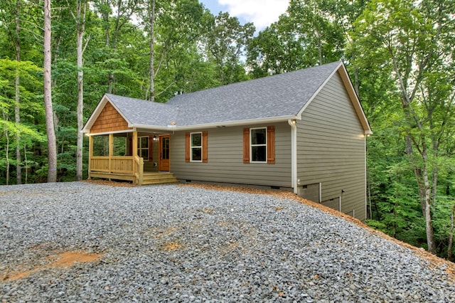 89 Pamela Ct, Ellijay, GA 30540 - view of front of property with crawl space, roof with shingles, covered porch, and gravel driveway