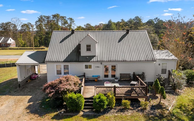 7 Old Flowers Rd, Blue Ridge, GA 30513 - rear view of property with french doors, a deck, metal roof, and driveway