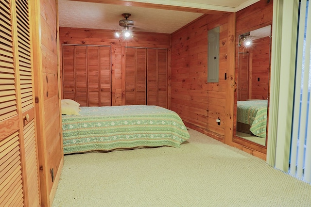 bedroom featuring wood walls, electric panel, and multiple closets