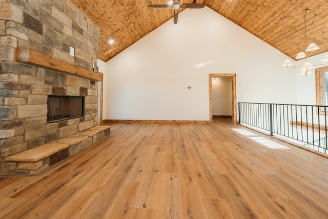 unfurnished living room featuring a fireplace, wooden ceiling, light wood-style floors, high vaulted ceiling, and a ceiling fan