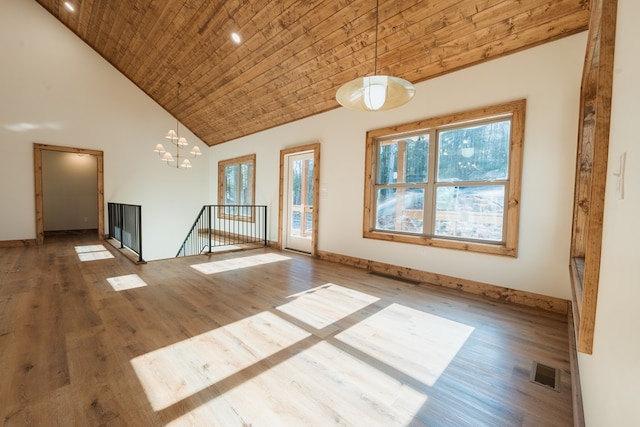 spare room with visible vents, high vaulted ceiling, a notable chandelier, wood finished floors, and wood ceiling