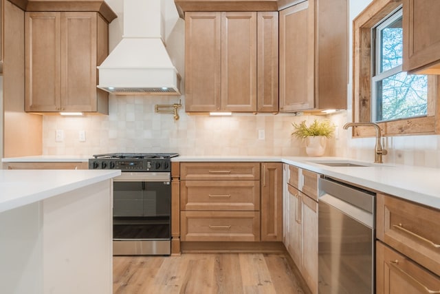 kitchen featuring light wood-type flooring, a sink, stainless steel appliances, light countertops, and custom exhaust hood