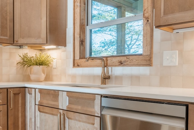 kitchen with tasteful backsplash, a healthy amount of sunlight, dishwasher, and a sink