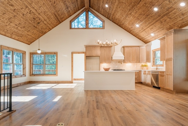 kitchen featuring premium range hood, light wood-type flooring, high vaulted ceiling, and wooden ceiling