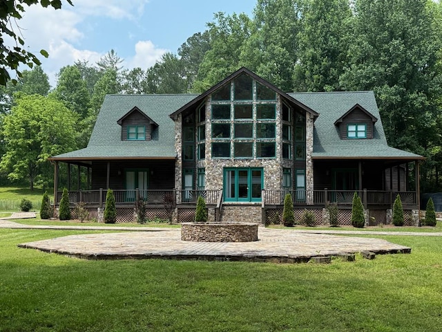 33 Tj Mote Rd, Dahlonega, GA 30533 - rear view of property with stone siding, a lawn, a porch, and french doors