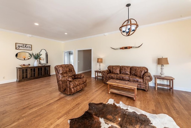 33 Tj Mote Rd, Dahlonega, GA 30533 - living room featuring crown molding, a chandelier, wood finished floors, baseboards, and recessed lighting