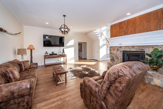 33 Tj Mote Rd, Dahlonega, GA 30533 - living room featuring crown molding, stairs, wood finished floors, baseboards, and recessed lighting