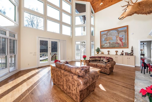 33 Tj Mote Rd, Dahlonega, GA 30533 - living room featuring high vaulted ceiling, wood finished floors, baseboards, wooden ceiling, and french doors