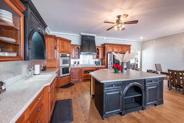 33 Tj Mote Rd, Dahlonega, GA 30533 - kitchen with open shelves, a sink, double oven, ceiling fan, and crown molding