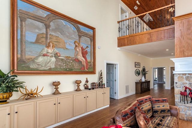 33 Tj Mote Rd, Dahlonega, GA 30533 - living area featuring a high ceiling, dark wood-style floors, wood ceiling, and ornamental molding