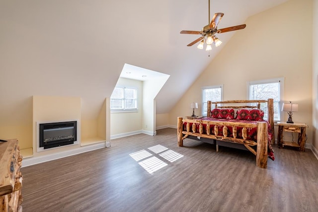 33 Tj Mote Rd, Dahlonega, GA 30533 - bedroom with wood finished floors, baseboards, a glass covered fireplace, and high vaulted ceiling