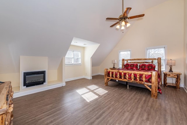 33 Tj Mote Rd, Dahlonega, GA 30533 - bedroom featuring wood finished floors, baseboards, ceiling fan, and high vaulted ceiling