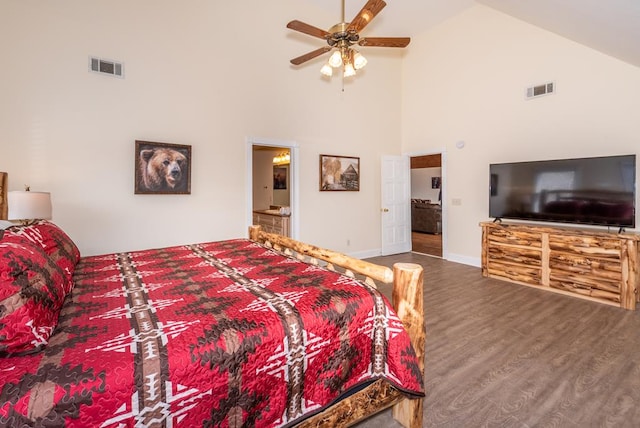 33 Tj Mote Rd, Dahlonega, GA 30533 - bedroom featuring wood finished floors, high vaulted ceiling, baseboards, ensuite bathroom, and a ceiling fan