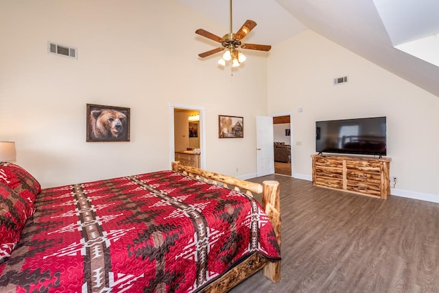 33 Tj Mote Rd, Dahlonega, GA 30533 - bedroom with wood finished floors, high vaulted ceiling, baseboards, ensuite bath, and ceiling fan