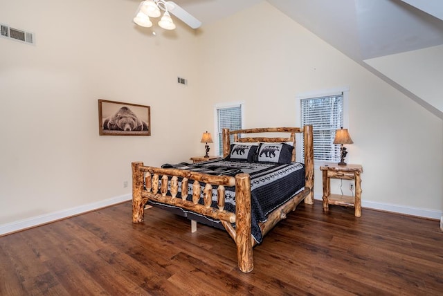 33 Tj Mote Rd, Dahlonega, GA 30533 - bedroom with baseboards, wood finished floors, high vaulted ceiling, and ceiling fan