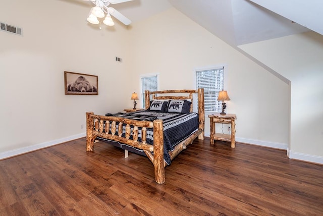 33 Tj Mote Rd, Dahlonega, GA 30533 - bedroom featuring baseboards, wood finished floors, high vaulted ceiling, and a ceiling fan