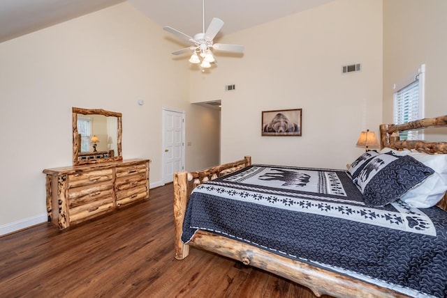 33 Tj Mote Rd, Dahlonega, GA 30533 - bedroom with high vaulted ceiling, wood finished floors, baseboards, and a ceiling fan