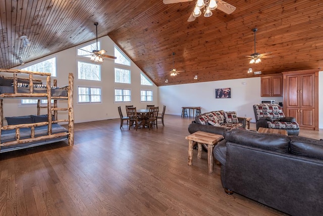 33 Tj Mote Rd, Dahlonega, GA 30533 - living area with ceiling fan, high vaulted ceiling, wood ceiling, and wood finished floors