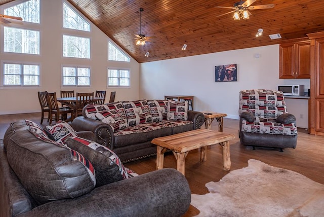 33 Tj Mote Rd, Dahlonega, GA 30533 - living room with ceiling fan, high vaulted ceiling, wood ceiling, light wood finished floors, and baseboards