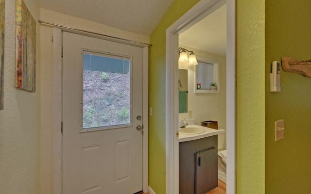 entryway with sink and a textured ceiling