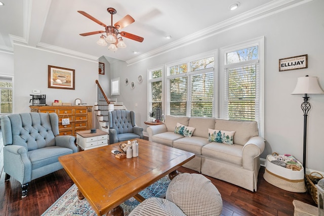 living room featuring a wealth of natural light, crown molding, ceiling fan, and dark wood-type flooring