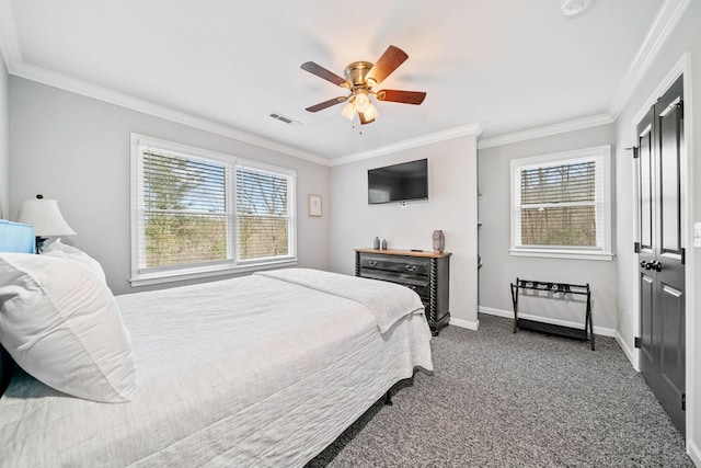 bedroom featuring carpet flooring, ceiling fan, and ornamental molding