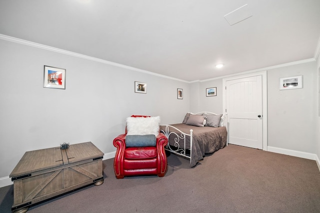 bedroom featuring carpet floors and ornamental molding