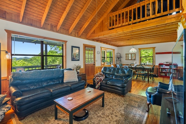 127 Berry Reister Dr, Blairsville, GA 30512 - living room with wood finished floors, beamed ceiling, wood ceiling, a wainscoted wall, and high vaulted ceiling