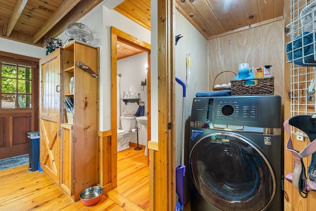 127 Berry Reister Dr, Blairsville, GA 30512 - clothes washing area with washer / clothes dryer, wood ceiling, hardwood / wood-style flooring, and wooden walls