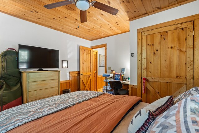 127 Berry Reister Dr, Blairsville, GA 30512 - bedroom featuring wooden ceiling, wainscoting, wood walls, a desk, and a ceiling fan