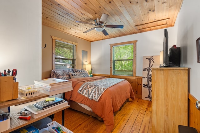 127 Berry Reister Dr, Blairsville, GA 30512 - bedroom featuring wood ceiling, light wood-type flooring, multiple windows, ceiling fan, and a wainscoted wall