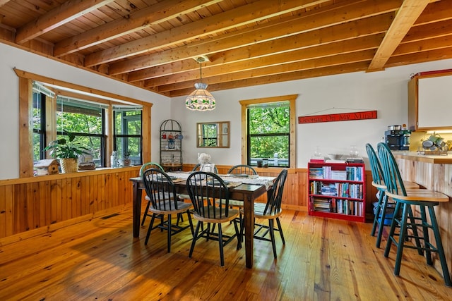127 Berry Reister Dr, Blairsville, GA 30512 - dining room featuring beam ceiling, wainscoting, wood-type flooring, wood ceiling, and wooden walls