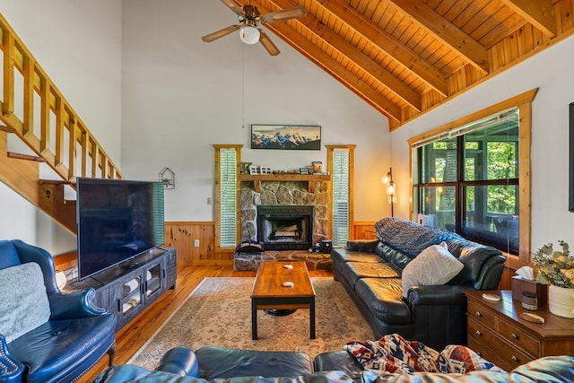 127 Berry Reister Dr, Blairsville, GA 30512 - living room with a fireplace, wood ceiling, wood finished floors, beam ceiling, and wainscoting
