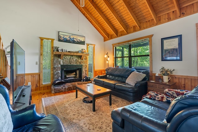 127 Berry Reister Dr, Blairsville, GA 30512 - living area featuring wood-type flooring, wainscoting, wood walls, wood ceiling, and beam ceiling