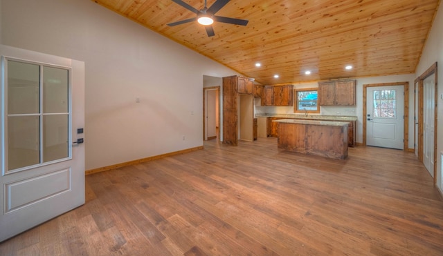 kitchen with a kitchen island, sink, hardwood / wood-style flooring, wooden ceiling, and ceiling fan