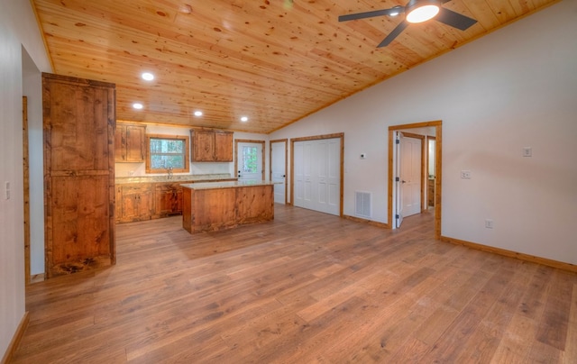 kitchen with lofted ceiling, a center island, wood ceiling, ceiling fan, and light hardwood / wood-style flooring