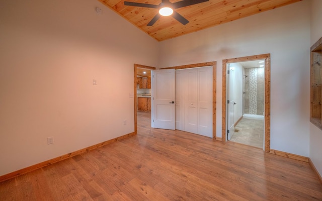 unfurnished bedroom featuring wooden ceiling, ceiling fan, light hardwood / wood-style flooring, and high vaulted ceiling