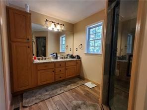 bathroom with vanity and wood-type flooring