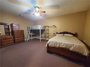 bedroom featuring ceiling fan and dark carpet