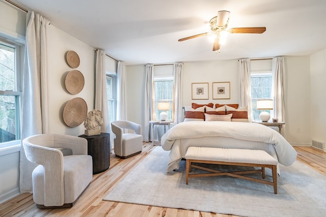 bedroom featuring ceiling fan and light hardwood / wood-style floors