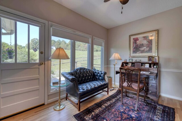 interior space featuring ceiling fan and hardwood / wood-style flooring