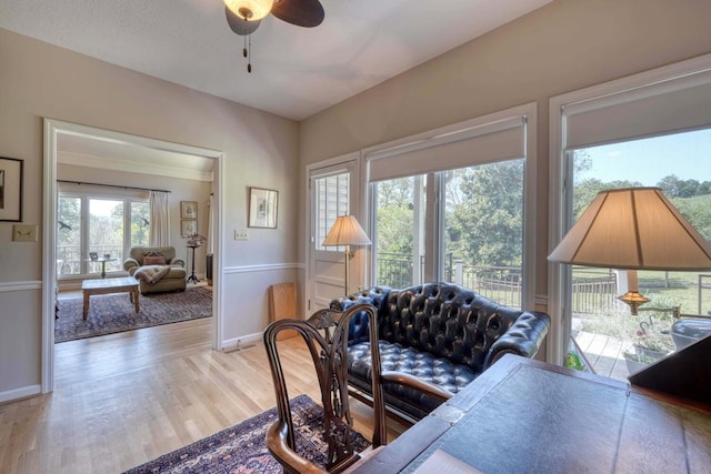 living room featuring light wood-type flooring, a healthy amount of sunlight, a textured ceiling, and ceiling fan