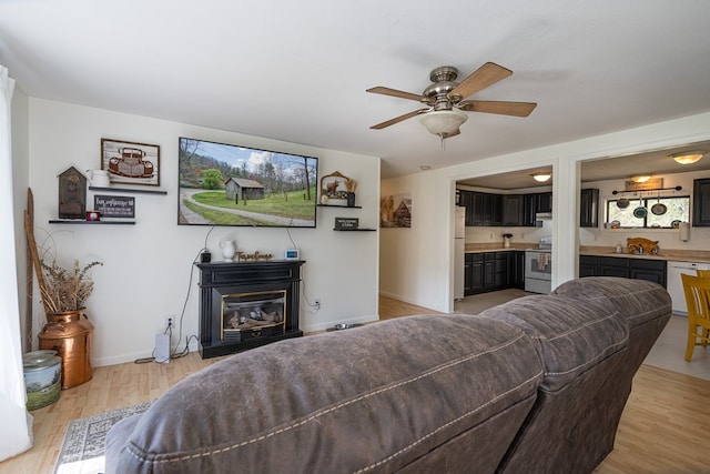 211 Gregory Hollow Rd, Robbinsville, NC 28771 - living room featuring light wood-style floors, ceiling fan, baseboards, and a glass covered fireplace