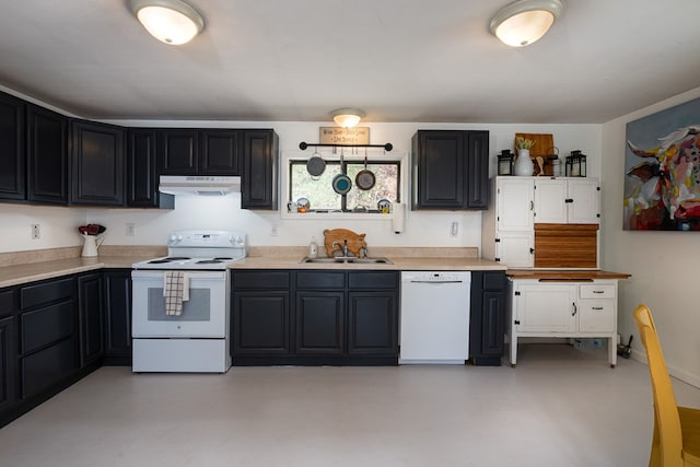 211 Gregory Hollow Rd, Robbinsville, NC 28771 - kitchen with a sink, light countertops, white appliances, and under cabinet range hood