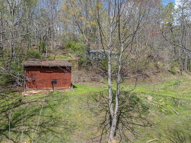 211 Gregory Hollow Rd, Robbinsville, NC 28771 - view of yard featuring an outbuilding and a forest view