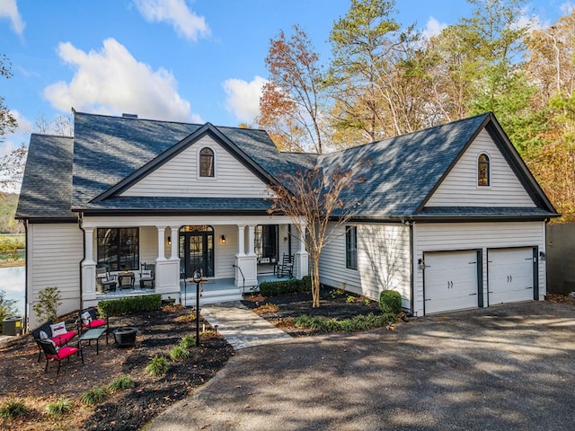 view of front facade with a garage, covered porch, and driveway