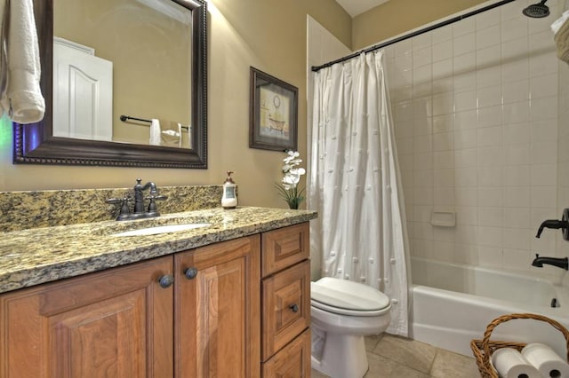 full bathroom featuring vanity, tile patterned floors, toilet, and shower / bathtub combination with curtain