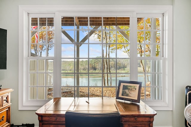 interior space with a water view