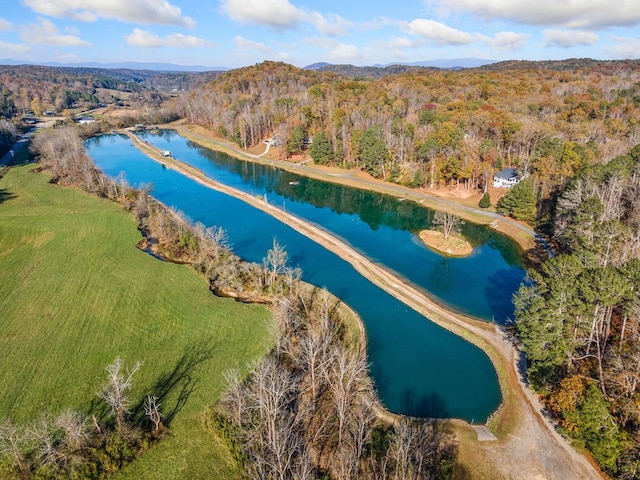 bird's eye view with a forest view and a water view