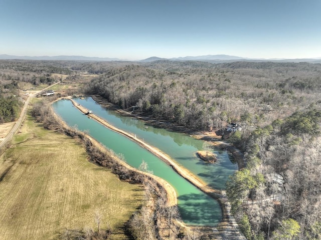 drone / aerial view with a forest view and a water and mountain view